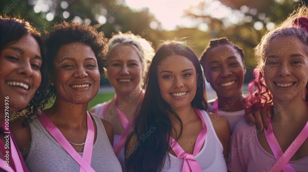 Diverse Women of Various Ages Celebrating Unity and Support Wearing Pink Ribbons in a Park Diverse Women of Various Ages Celebrating Unity and Support Wearing Pink Ribbons in a Park
