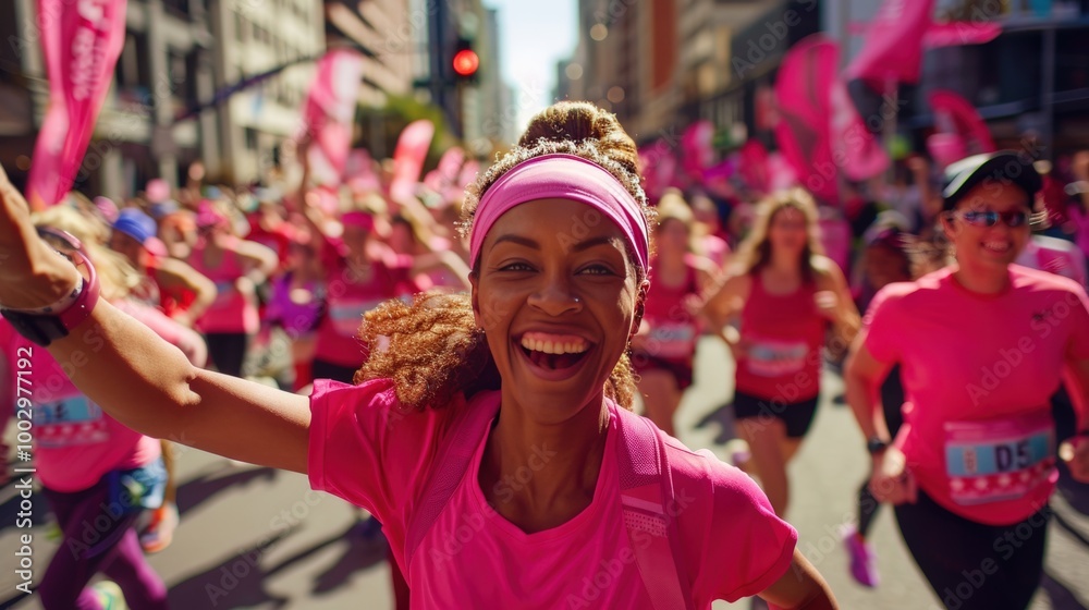 Women Running Marathon for Breast Cancer Awareness in Bright Pink Attire with Cheering Crowds Women Running Marathon for Breast Cancer Awareness in Bright Pink Attire with Cheering Crowds