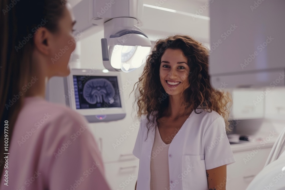 Fototapeta premium Healthcare Professional Assisting Patient with Mammogram in Modern, Bright Clinic