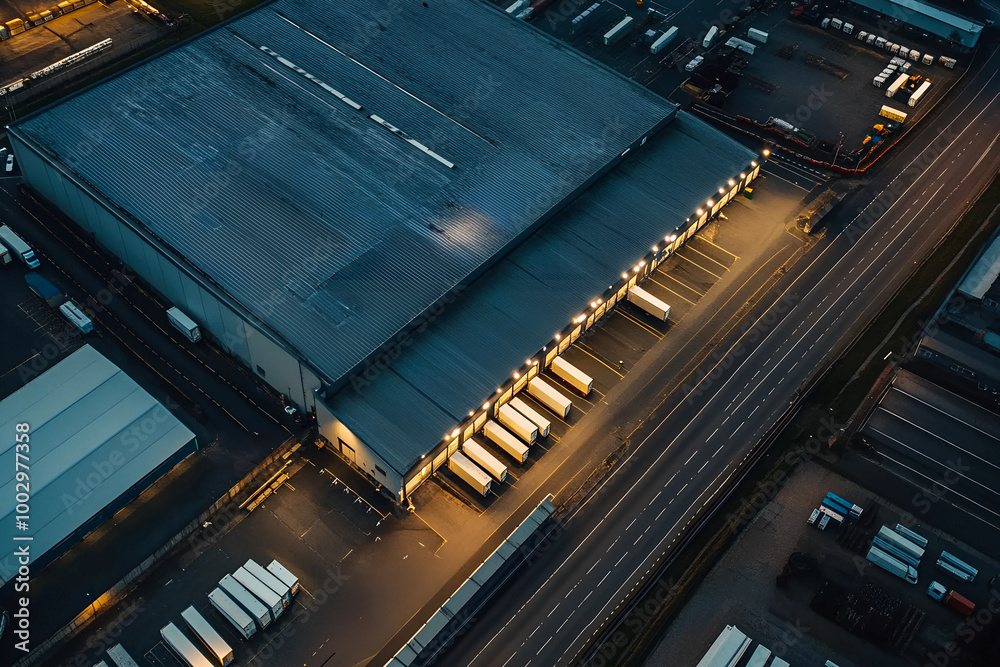 Expansive Distribution Centre Situated Beside a Bustling Motorway, Showcasing Modern Logistics and Transportation Infrastructure Expansive Distribution Centre Situated Beside a Bustling Motorway, Showcasing Modern Logistics and Transportation Infrastructure