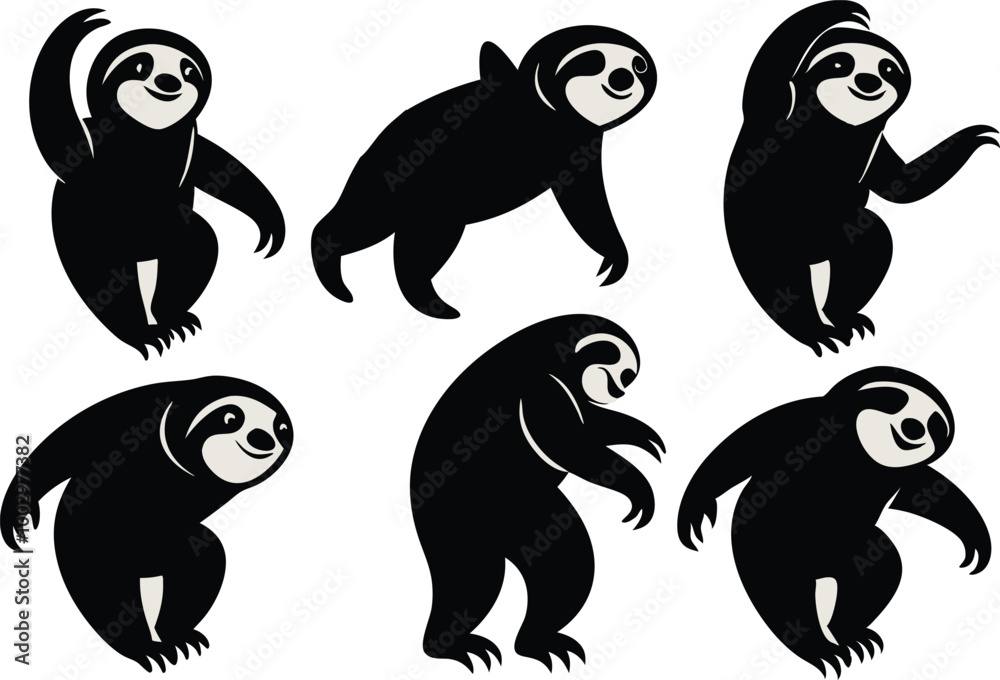 Fototapeta premium Cartoon vector black sloths silhouette clipart
