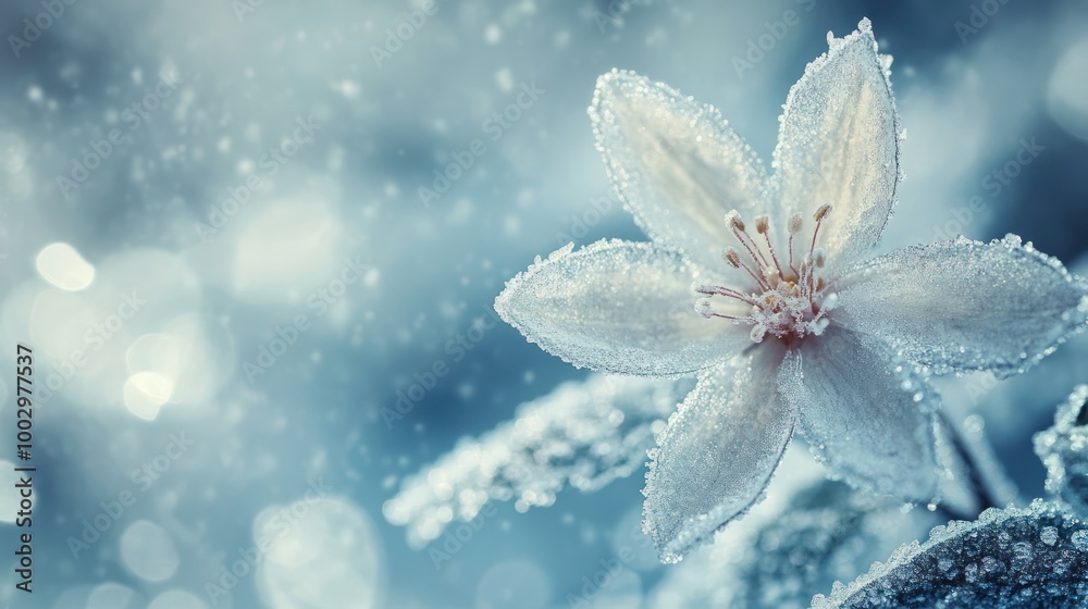 Fototapeta premium A delicate white flower covered in frost against a soft blue background.