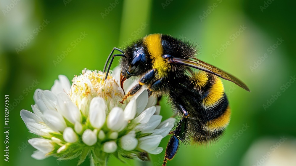 A close-up of a bumblebee pollinating a white flower in a vibrant green background. A close-up of a bumblebee pollinating a white flower in a vibrant green background.