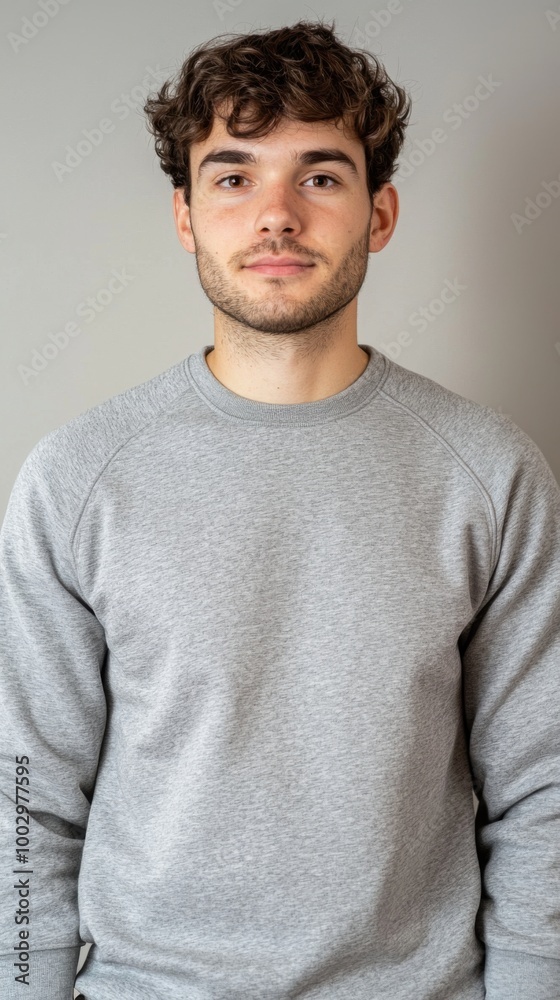 Fototapeta premium A young man with curly hair wearing a grey sweatshirt, standing against a neutral background.