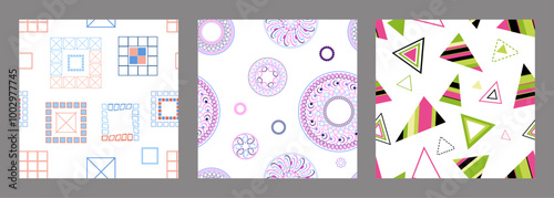 Seamless pattern of geometric shapes. Bright seamless pattern. Set of 3 patterns. Design for fabric, wallpaper, wrapping paper. Vector