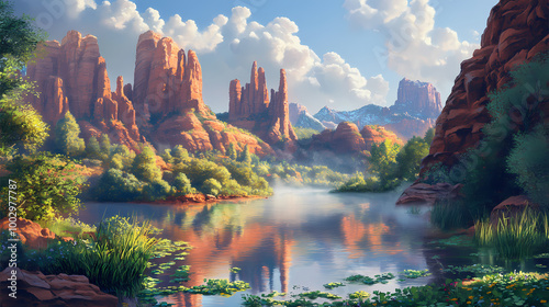 Majestic rust-hued rock formations and lush greenery surround a serene, misty lake in a hidden valley of sedona's rugged and enchanting mountain wilderness. Hidden Valley. Illustration photo