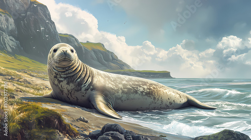 Majestic male elephant seal basking on the rugged coastline. Rugged Coastline. Illustration