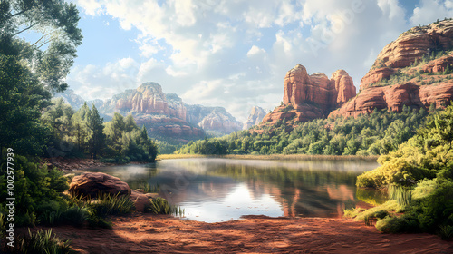 Majestic rust-hued rock formations and lush greenery surround a serene, misty lake in a hidden valley of sedona's rugged and enchanting mountain wilderness. Hidden Valley. Illustration photo