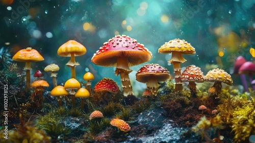 Colorful Mushrooms in Enchanted Forest Setting