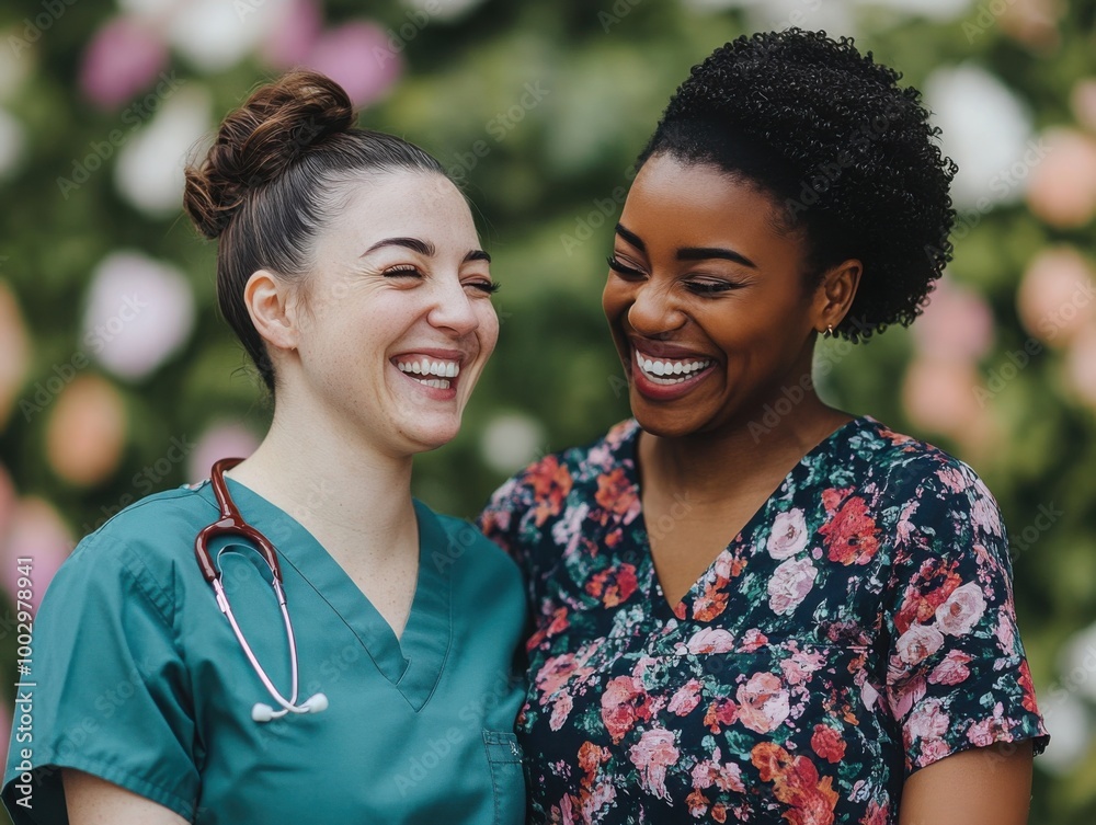 Smiling Healthcare Workers in a Floral Background Smiling Healthcare Workers in a Floral Background