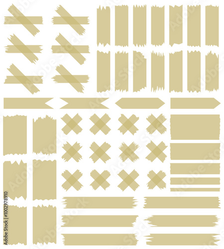 Set of beige semi-transparent washi tapes isolated on white. Tapes collection in vector. Pieces of decorative tape for scrapbooks. Torn paper	