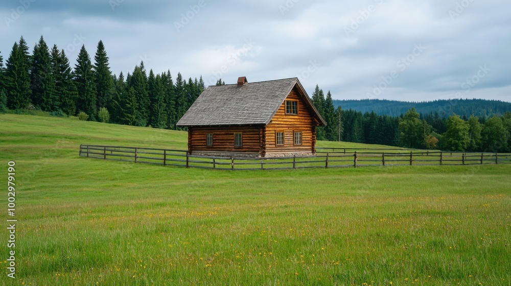 Cozy wooden cabin in a lush green field under a cloudy sky. Cozy wooden cabin in a lush green field under a cloudy sky.