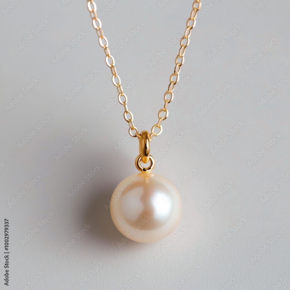 Elegant gold necklace with a single pearl pendant on a subtle background. Elegant gold necklace with a single pearl pendant on a subtle background.