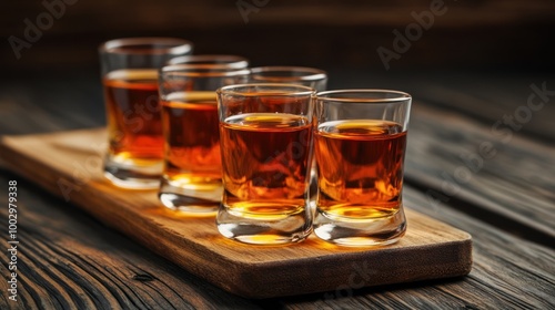 A wooden board holding five shot glasses filled with amber-colored liquid.