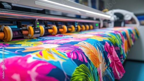 A vibrant floral fabric being printed in a printing facility.