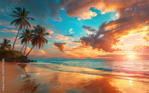 Tropical beach at sunset with palm trees and vibrant sky reflection on water. Photography of an island coastline during sunset.