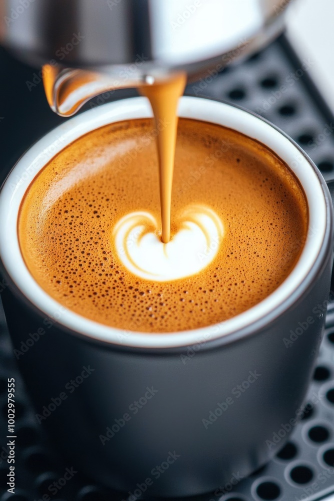 Freshly brewed espresso pouring into a cup, creating a beautiful crema. Freshly brewed espresso pouring into a cup, creating a beautiful crema.
