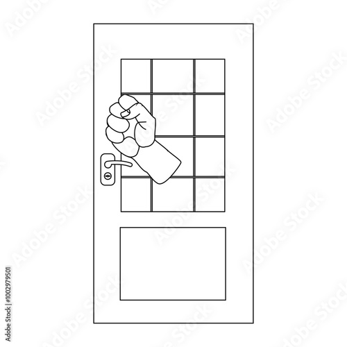 Person hand knocking on door illustration, coloring book in black and white. Please knock icon, Please knock the door