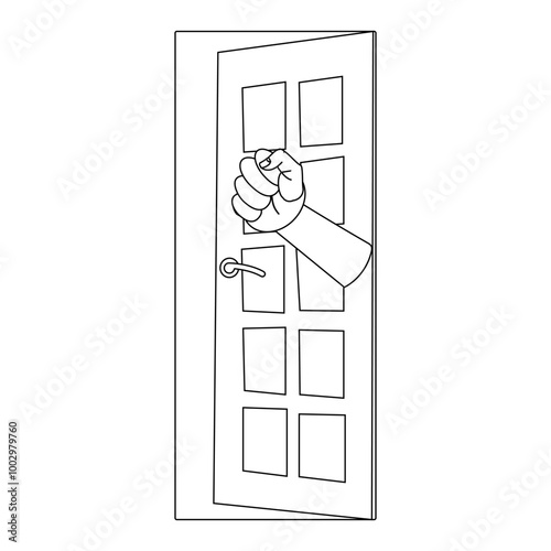 Person hand knocking on door illustration, coloring book in black and white. Please knock icon, Please knock the door