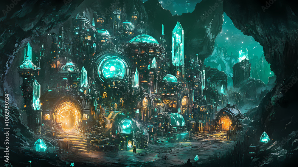 Navigate through a colossal, underground city built into glowing crystal caverns. Crystal Cavern. Illustration Navigate through a colossal, underground city built into glowing crystal caverns. Crystal Cavern. Illustration