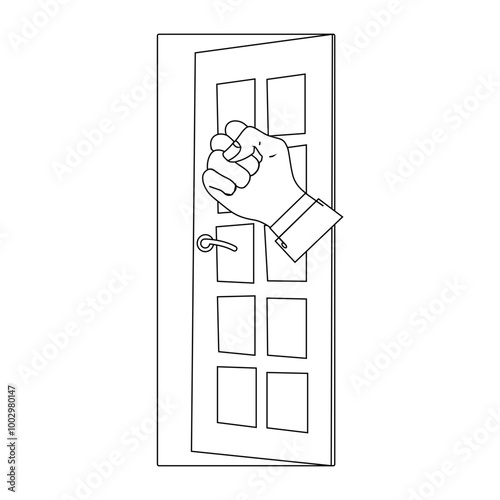 Person hand knocking on door illustration, coloring book in black and white. Please knock icon, Please knock the door