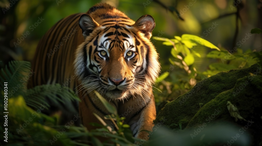 Obraz premium Close-up of a tiger in its natural habitat. Wild tiger in the middle of plants staring at the camera. backgrounds of amazing animals in their natural habitat