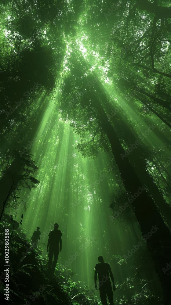 Obraz premium Sunlight streams through the canopy of a dense forest illuminating three figures walking through the mist