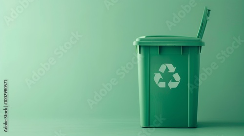 green trash can with recycling logo on green background