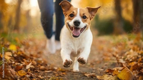 Happy Dog Running in Autumn Park with Owner