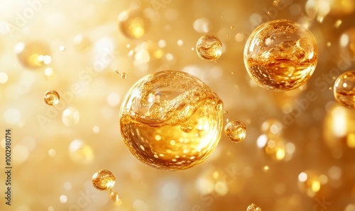 A depiction of gold beauty serum bubbles, emphasizing the luxurious and elegant aspect of cosmetic products, Generative AI