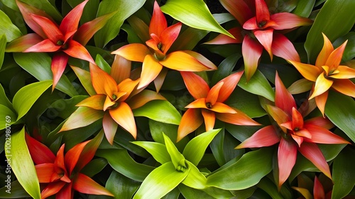 a vibrant arrangement of bromeliad plants. These plants have long, pointed leaves that form a rosette pattern. The leaves are a mix of bright green and shades of red, orange, and yellow photo