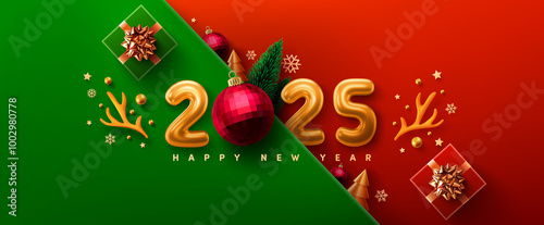 Happy New Year 2025 and banner featuring Christmas decorations,golden numbers,red ornaments,gift boxes and reindeer antlers.Ideal for holiday greetings,perfect for celebrating new year and Christmas photo