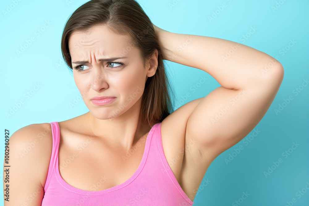 Close-up on woman's head and neck experiencing pain in her neck Close-up on woman's head and neck experiencing pain in her neck