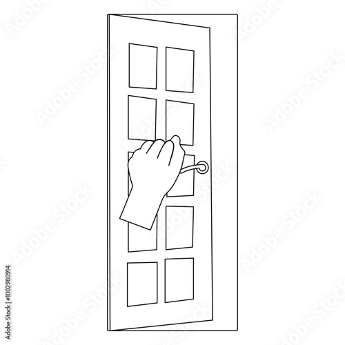 Person hand knocking on door illustration, coloring book in black and white. Please knock icon, Please knock the door