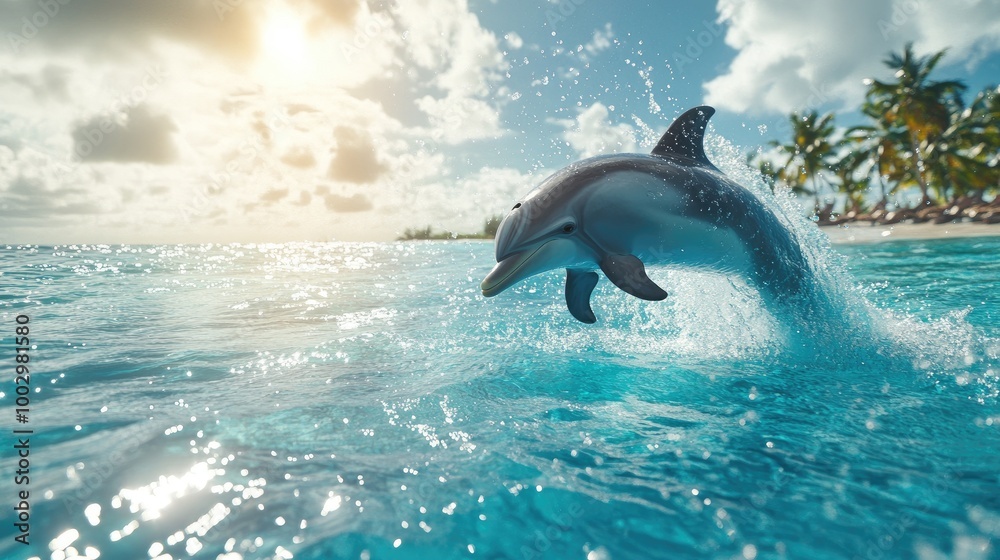 Fototapeta premium Dolphin Leaping in Clear Tropical Waters