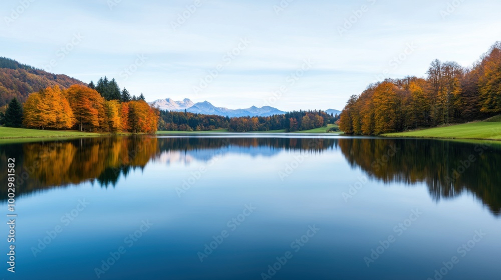 Serene lake reflecting mountains and autumn trees under a clear sky. Serene lake reflecting mountains and autumn trees under a clear sky.