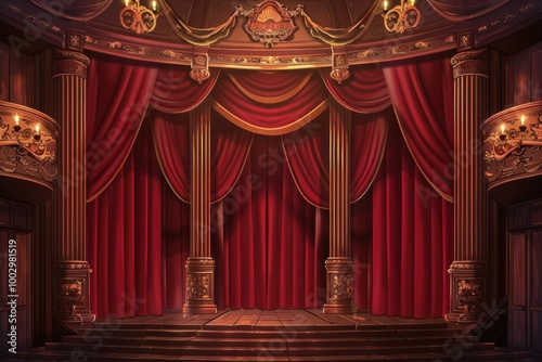 Empty theater stage with red velvet curtains and ornate columns. Theater interior for performance and dramatic art.