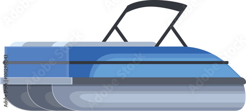 Blue pontoon motor boat with canopy, a small recreational vessel for cruising