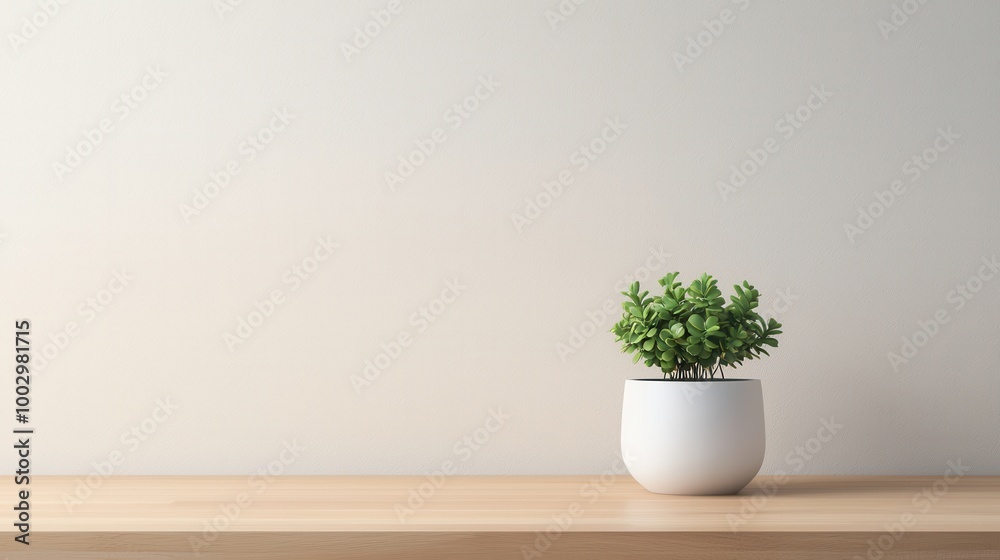 Small green plant in a white pot on a wooden surface against a light background. Small green plant in a white pot on a wooden surface against a light background.