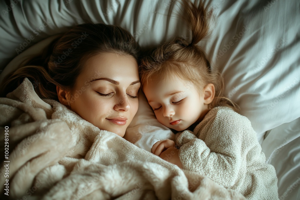 A loving moment of a mother and child in bed, with soft blankets and gentle lighting, creating a serene and comfortable atmosphere.