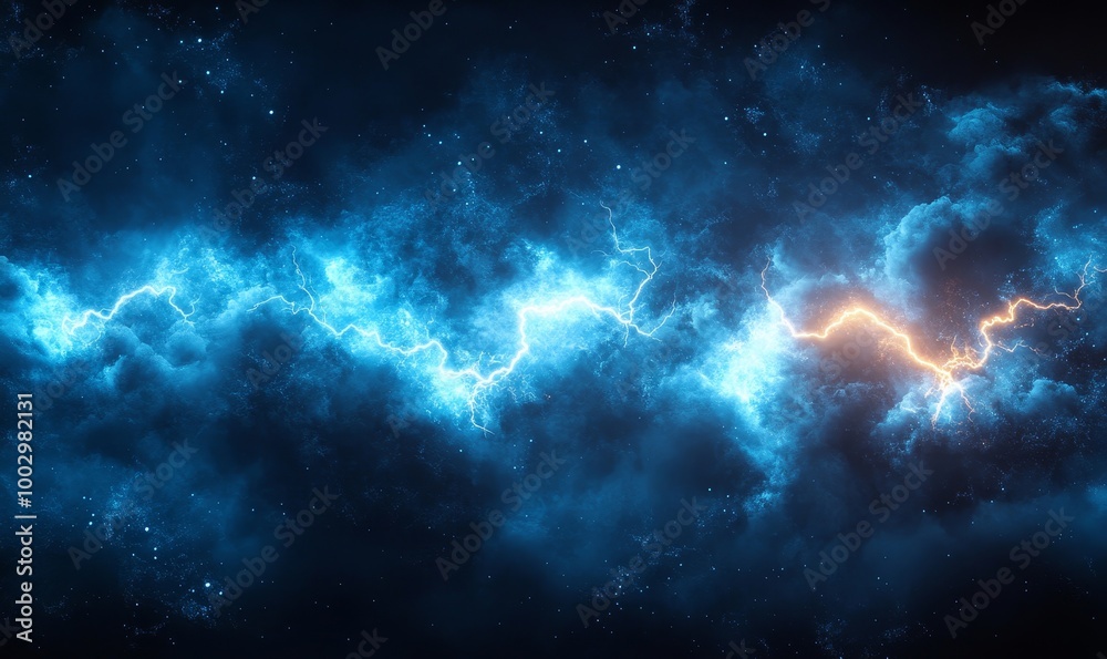 Naklejka premium thunder light and blue smoke cloud bottom frame. Mysterious lightning glow border wide panoramic element. Fluffy magic spell mist glowing with bolt energy charge overlay turquoise, Generative AI