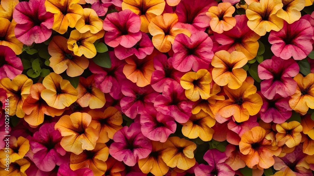 a dense cluster of vibrant flowers. The flowers are petunia-like in shape, with five petals each. They come in a mix of bright colors, including shades of pink, orange, and yellow. a dense cluster of vibrant flowers. The flowers are petunia-like in shape, with five petals each. They come in a mix of bright colors, including shades of pink, orange, and yellow.
