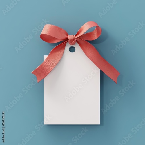 White present notecard or template with red rope bow isolated on light blue cyan background.