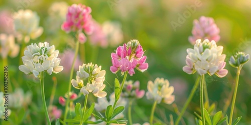 Crown vetch Securigera varia featuring white and pink blossoms.