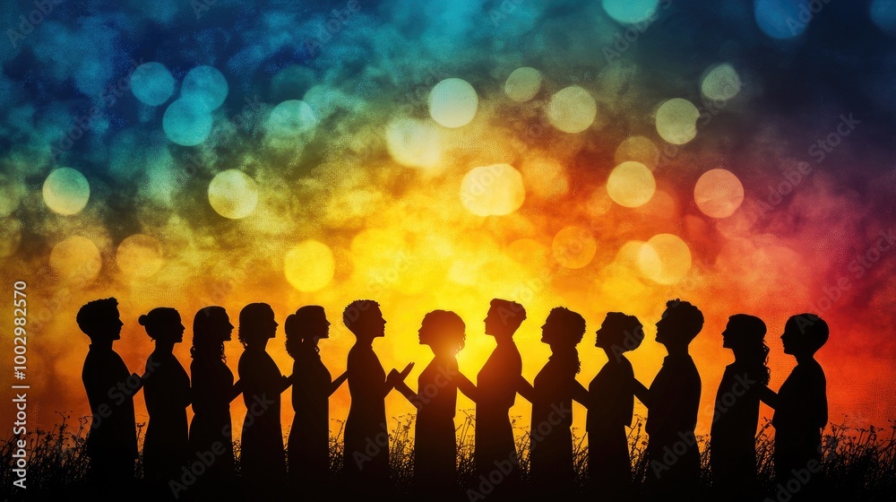 Silhouette of People Against Colorful Bokeh Background Silhouette of People Against Colorful Bokeh Background