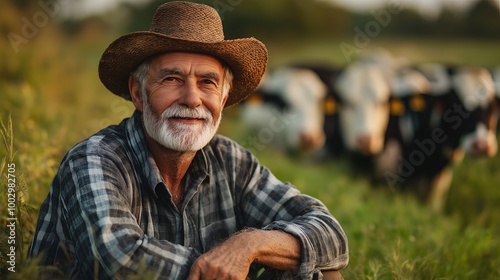 Senior man in a cowboy hat with a smile on his face sitting in a field with cows.