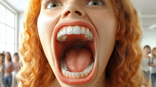 A woman with a wide open mouth looking surprised and scared