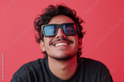 A young man in black sunglasses smiles broadly against a bright red background.