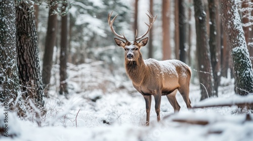 Wallpaper Mural A majestic deer stands in a snowy forest, showcasing winter wildlife beauty. Torontodigital.ca