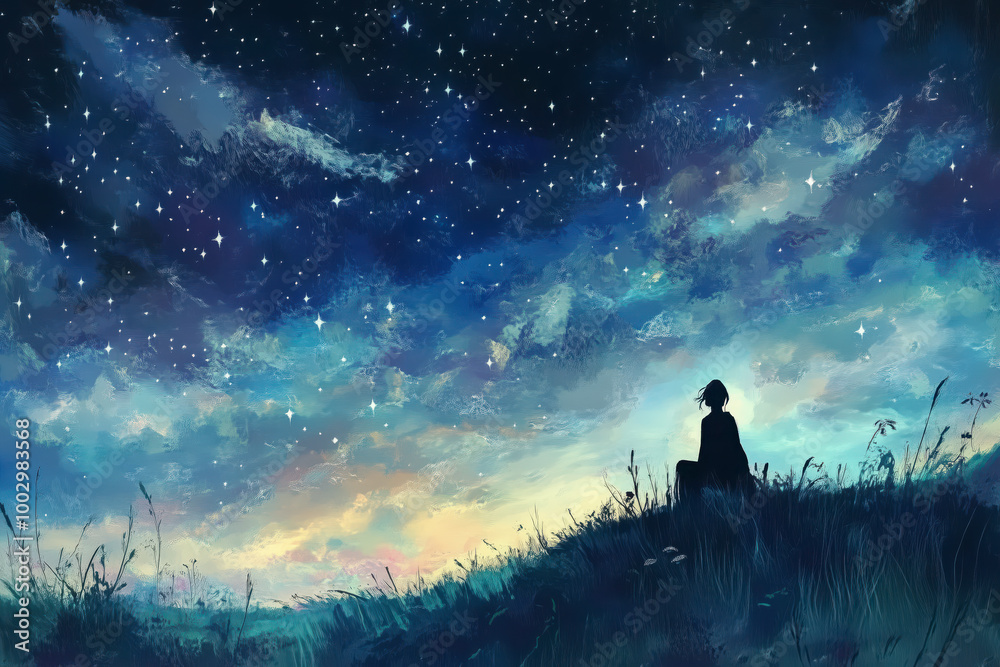 Dreamy scene of a lone figure stargazing on a grassy hill, surrounded by a sea of twinkling stars Dreamy scene of a lone figure stargazing on a grassy hill, surrounded by a sea of twinkling stars